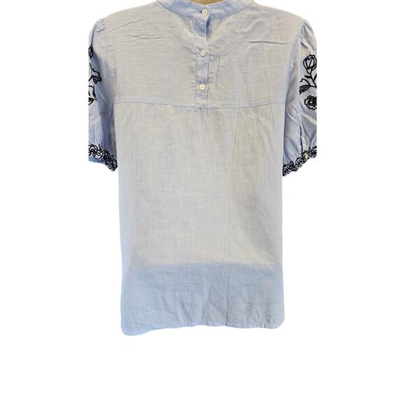 Loft sz M lightweight chambray puff sleeve boho embroidered cottagecore blouse - Picture 3 of 7